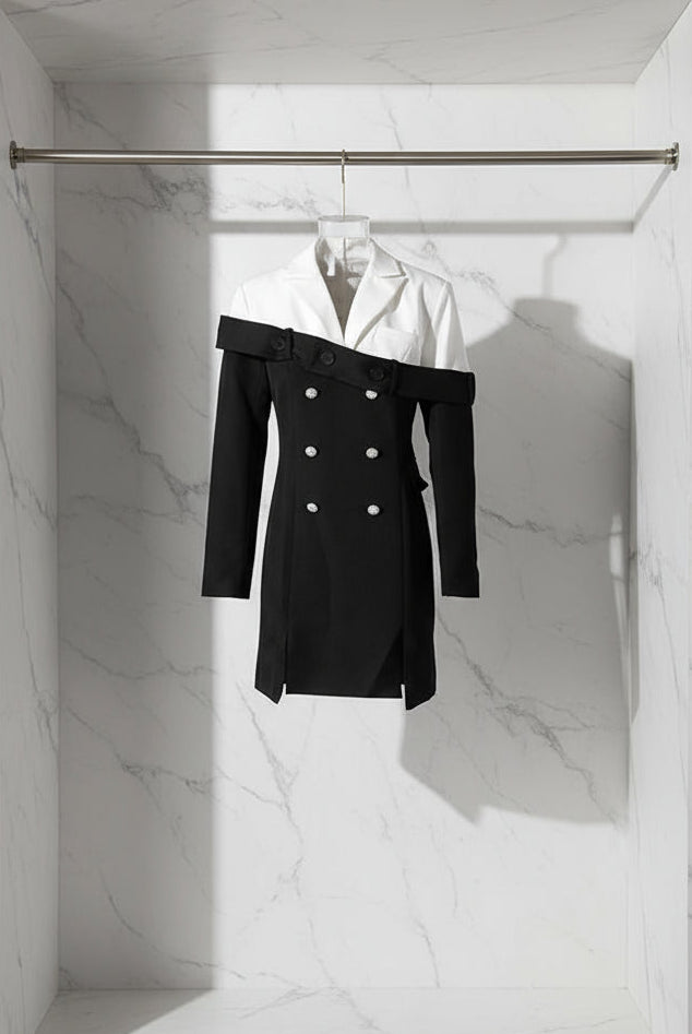 ItsCarl Black Double Breasted Two Tone Blazer Dress