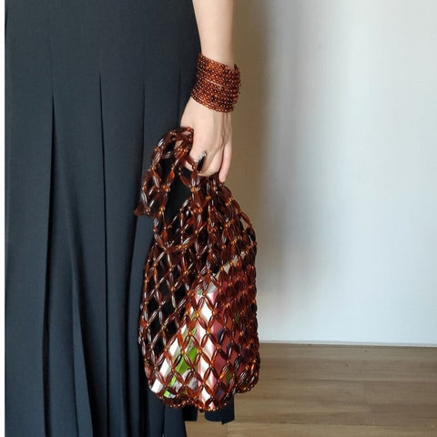 Miss Beaded Tortoise-Shell Oblong Weaving Tote Bag