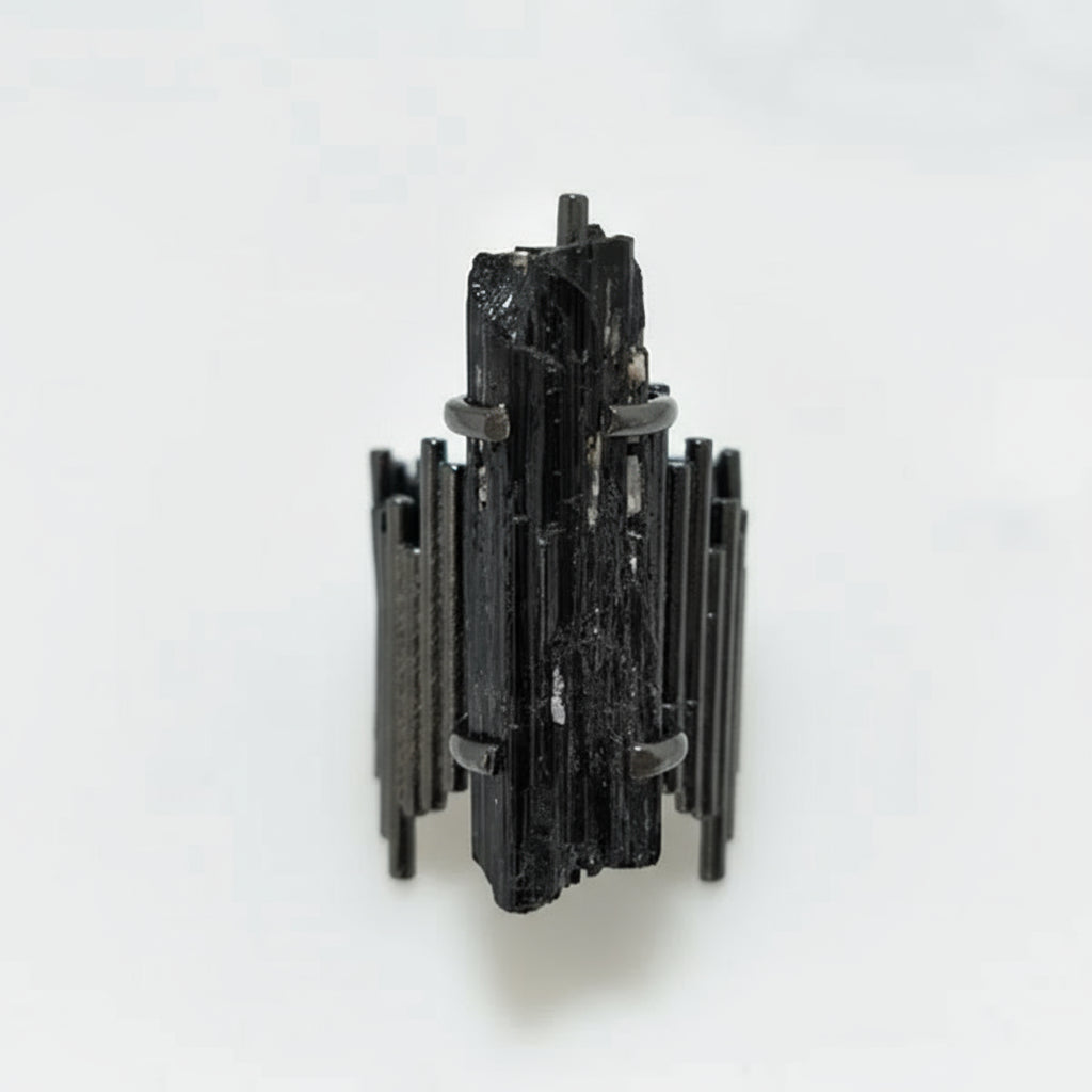 Black mineral specimen on a white background