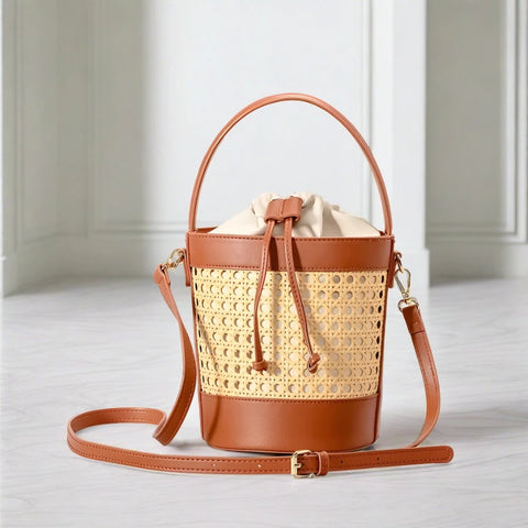 Lula Cane Weaved Wicker Bucket Bag