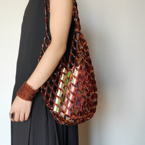 Miss Beaded Tortoise-Shell Oblong Weaving Tote Bag