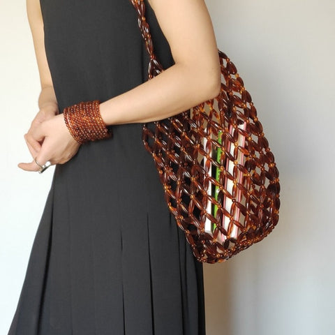 Miss Beaded Tortoise-Shell Oblong Weaving Tote Bag