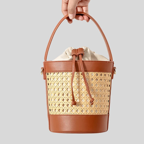 Lula Cane Weaved Wicker Bucket Bag