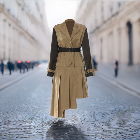 Asymmetrical Two Tone Pleated Trench Coat Dress