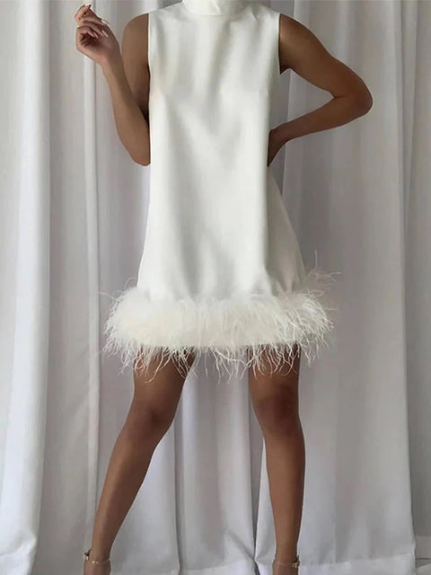 Elemental Little Black/White Dress with Feathers