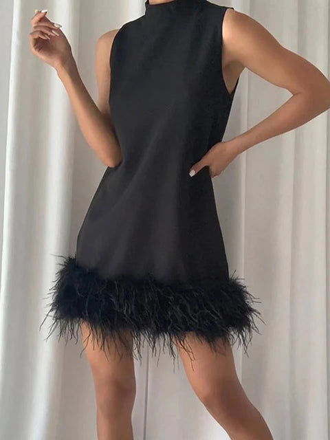 Elemental Little Black/White Dress with Feathers