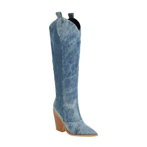 Reva Denim Blue Knee High Western Boots