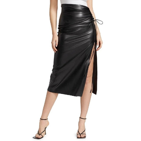 Ruched Vegan Leather High Slit Skirt