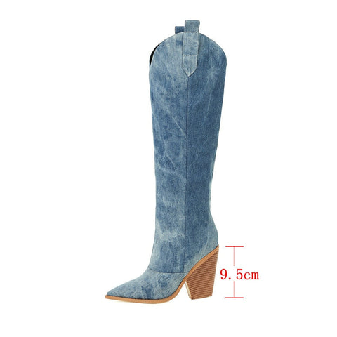 Reva Denim Blue Knee High Western Boots