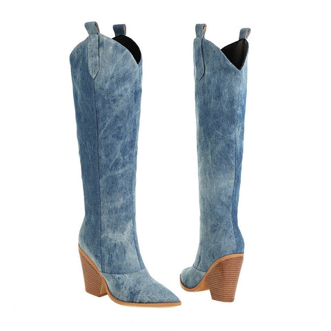 Reva Denim Blue Knee High Western Boots