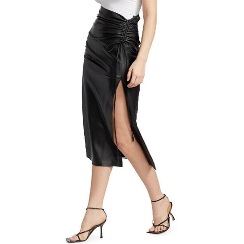 Ruched Vegan Leather High Slit Skirt