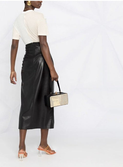 Ruched Vegan Leather High Slit Skirt