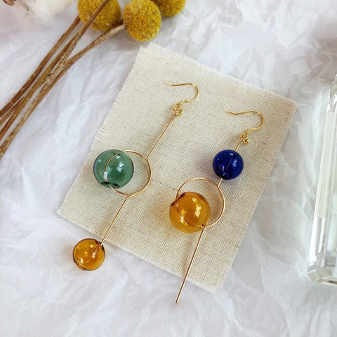 Orna Glass Drop Earrings Asymmetrical Two Tone Spheres - ClosetBlues