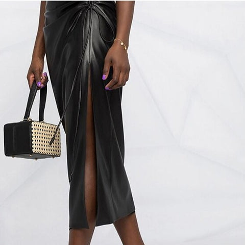 Ruched Vegan Leather High Slit Skirt