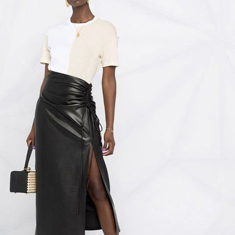 Ruched Vegan Leather High Slit Skirt