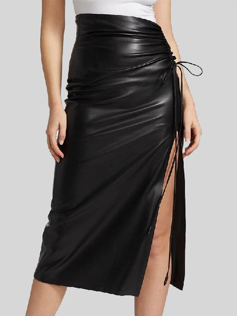 Ruched Vegan Leather High Slit Skirt