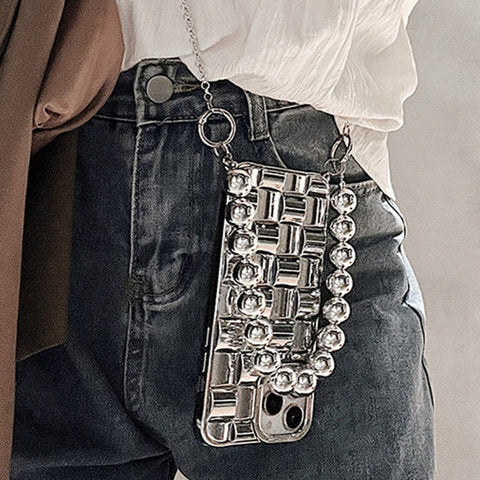 Crossbody Lanyard Silver Tone Beads Phone Case