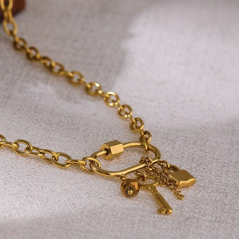 Yhpup Charm Metal Crystal Lock Key Pendant Necklace Stainless Steel Chain Choker Necklace Jewelry Collane Donna Statement 2021 - ClosetBlues