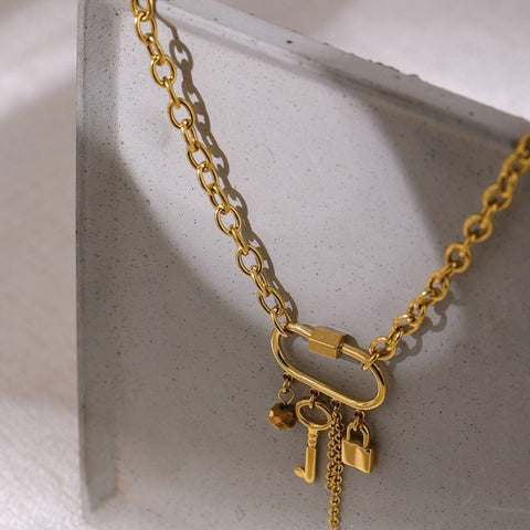 Yhpup Charm Metal Crystal Lock Key Pendant Necklace Stainless Steel Chain Choker Necklace Jewelry Collane Donna Statement 2021 - ClosetBlues