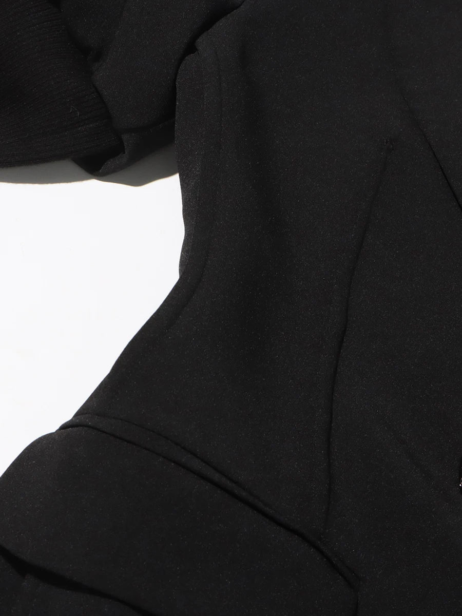 Ledesa Black Puff Sleeve Blazer with Lapel Black Beaded Floral Style