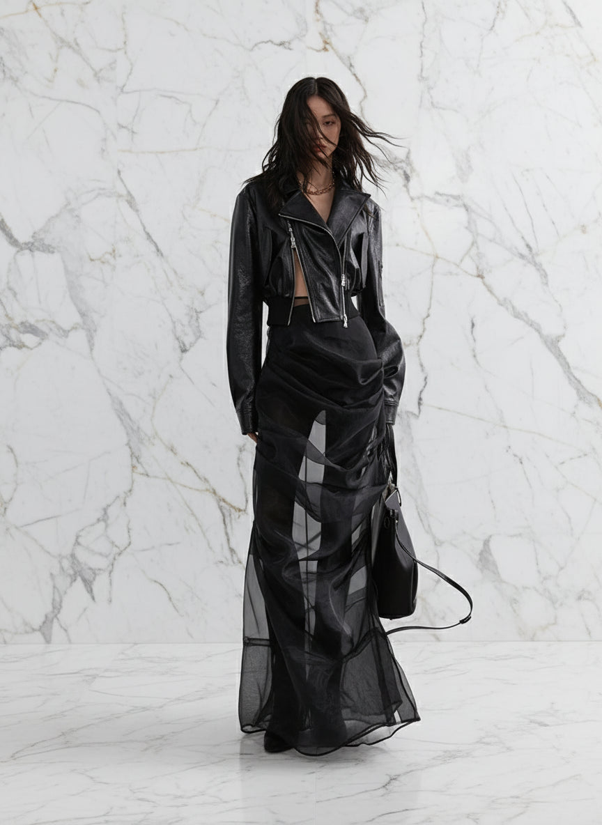 Ladiarra High Waist Black Pleated Sheer Cascade Mesh Skirt