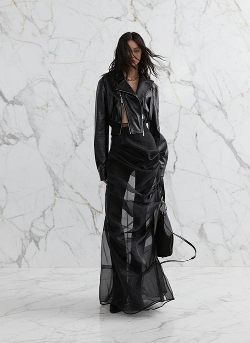 Ladiarra High Waist Black Pleated Sheer Cascade Mesh Skirt - ClosetBlues