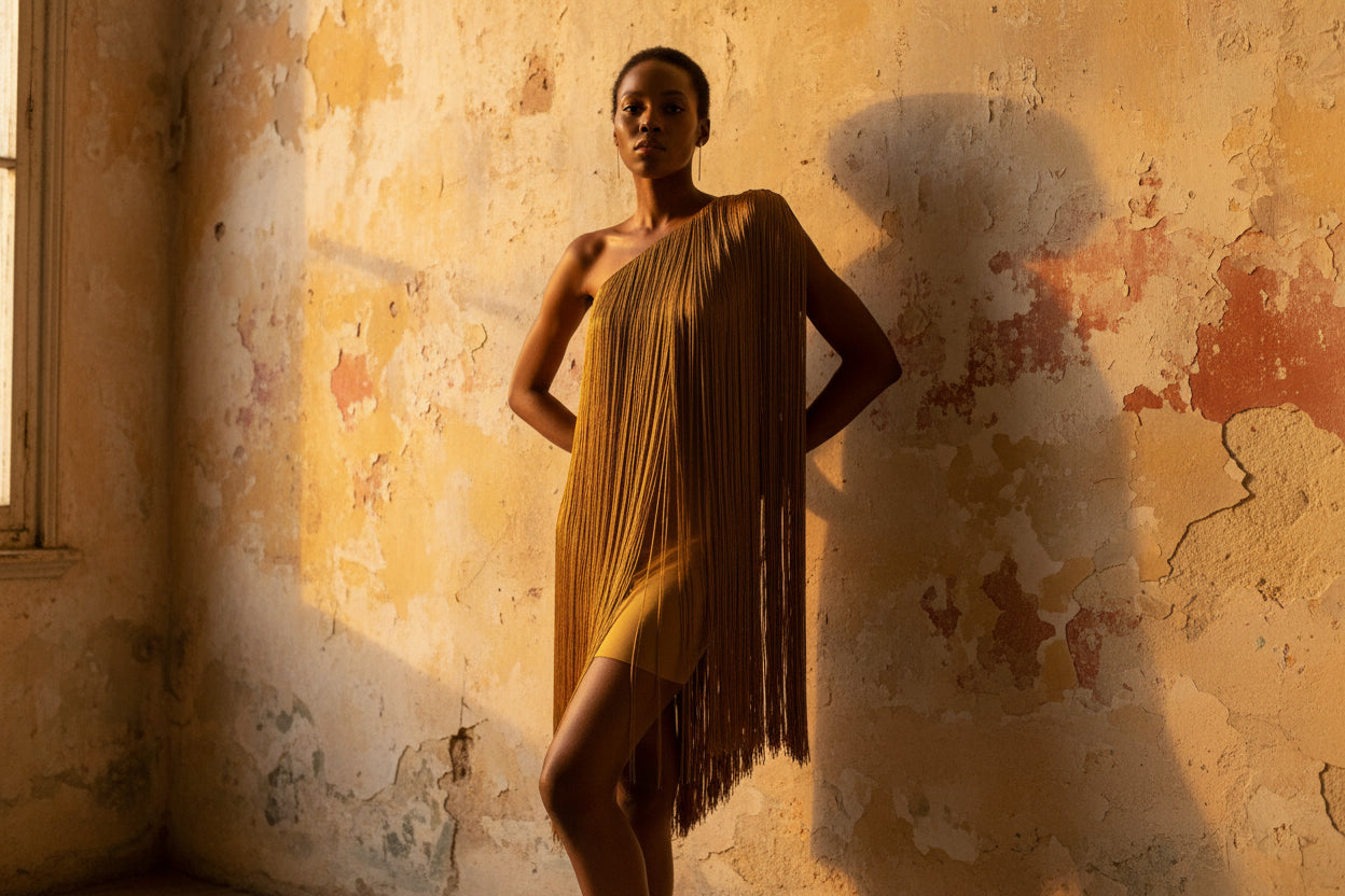 Habana Noon Slant Shoulder Fringe Dress | Statement Evening Dress | ClosetBlues Golden / S
