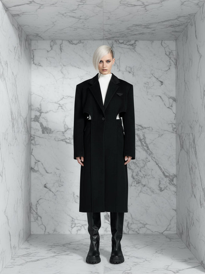 Wylia Black Cut Out Long Woolen Coat