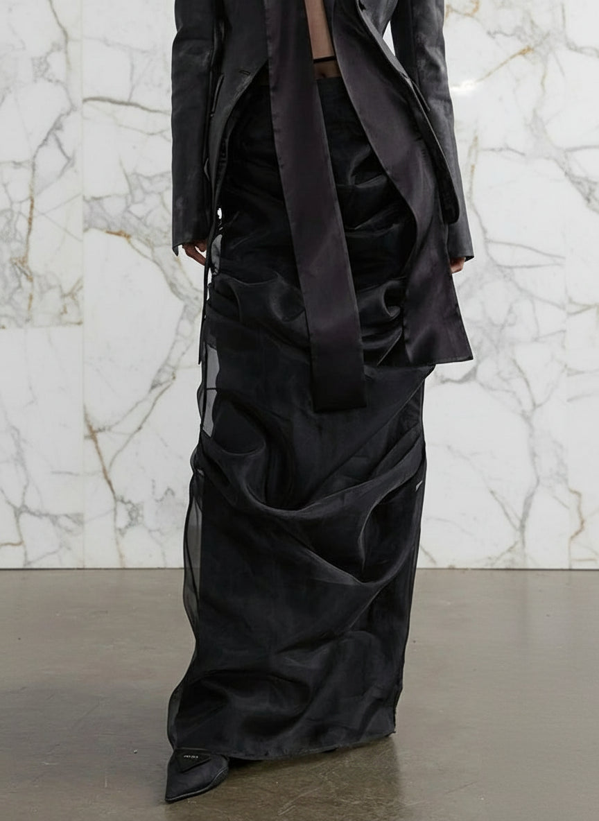 Ladiarra High Waist Black Pleated Sheer Cascade Mesh Skirt