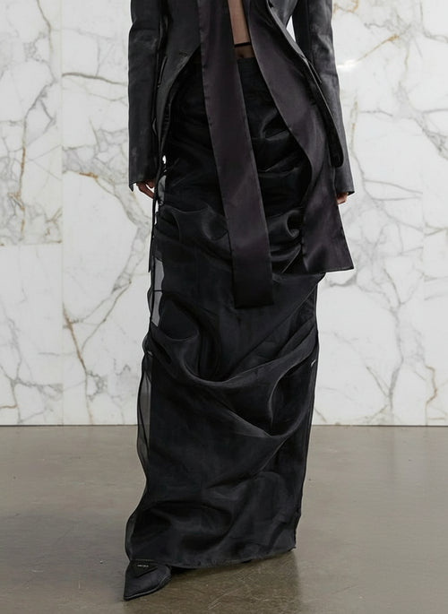 Ladiarra High Waist Black Pleated Sheer Cascade Mesh Skirt - ClosetBlues