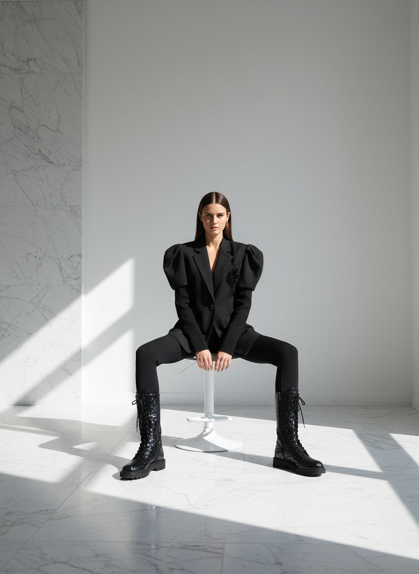 Ledesa Black Puff Sleeve Blazer with Lapel Black Beaded Floral Style