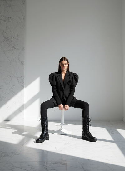 Ledesa Black Puff Sleeve Blazer with Lapel Black Beaded Floral Style - ClosetBlues