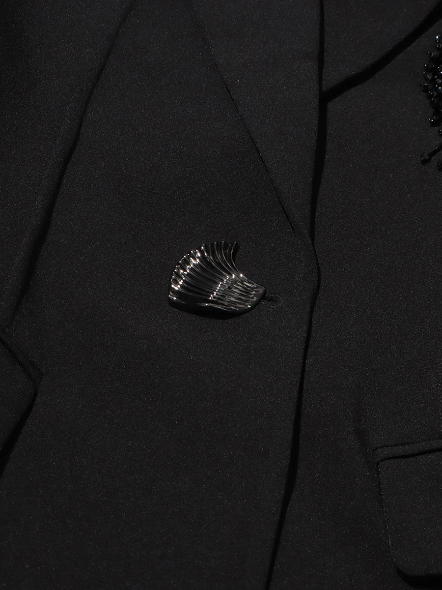 Ledesa Black Puff Sleeve Blazer with Lapel Black Beaded Floral Style