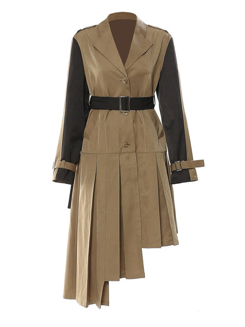 Asymmetrical Two Tone Pleated Trench Coat Dress