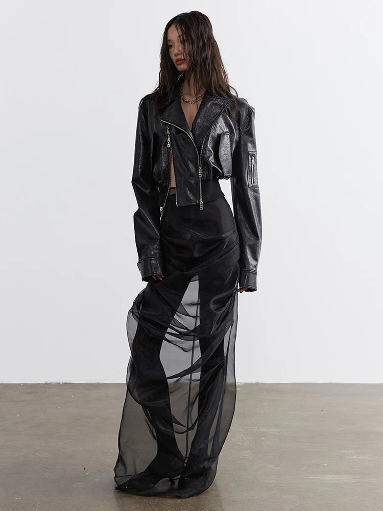 Ladiarra High Waist Black Pleated Sheer Cascade Mesh Skirt