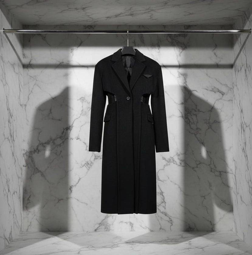 Wylia Black Cut Out Long Woolen Coat