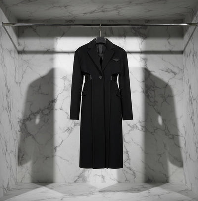 Wylia Black Cut Out Long Woolen Coat - ClosetBlues