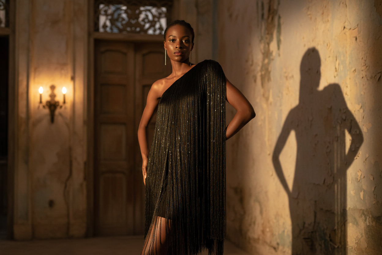 Habana Noon Slant Shoulder Fringe Dress - ClosetBlues