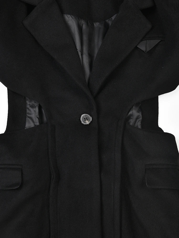 Wylia Black Cut Out Long Woolen Coat