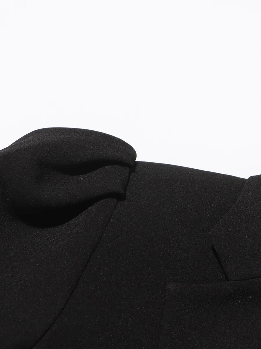 Ledesa Black Puff Sleeve Blazer with Lapel Black Beaded Floral Style