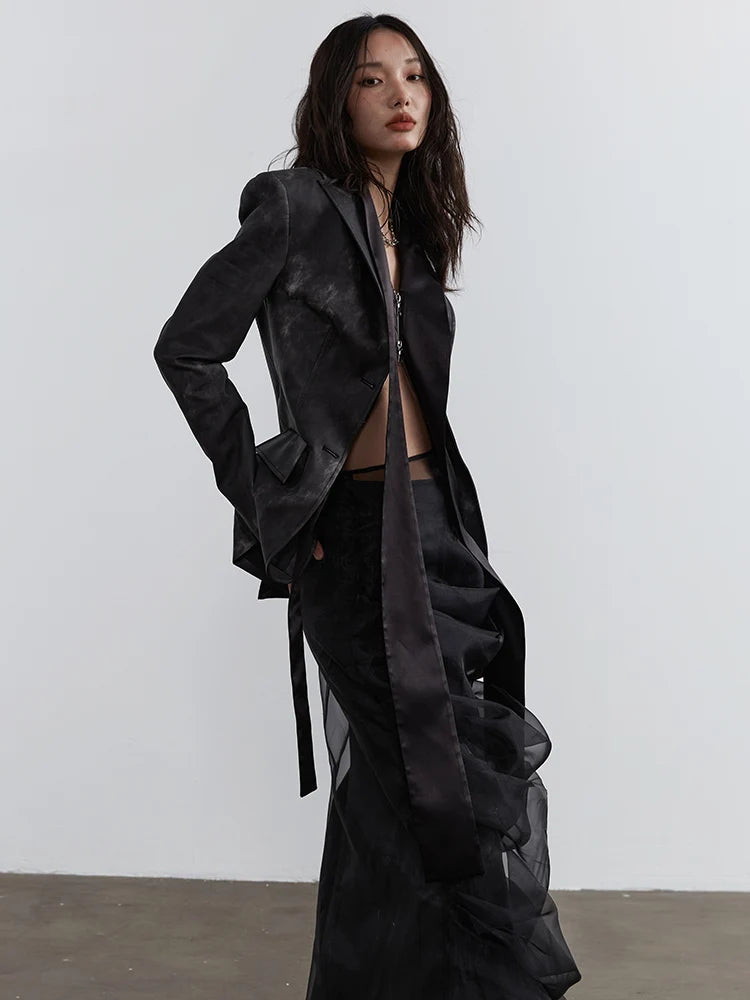 Ladiarra High Waist Black Pleated Sheer Cascade Mesh Skirt