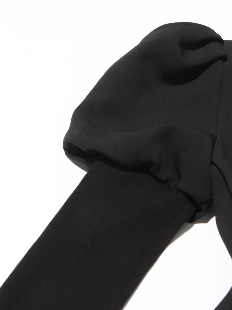 Ledesa Black Puff Sleeve Blazer with Lapel Black Beaded Floral Style