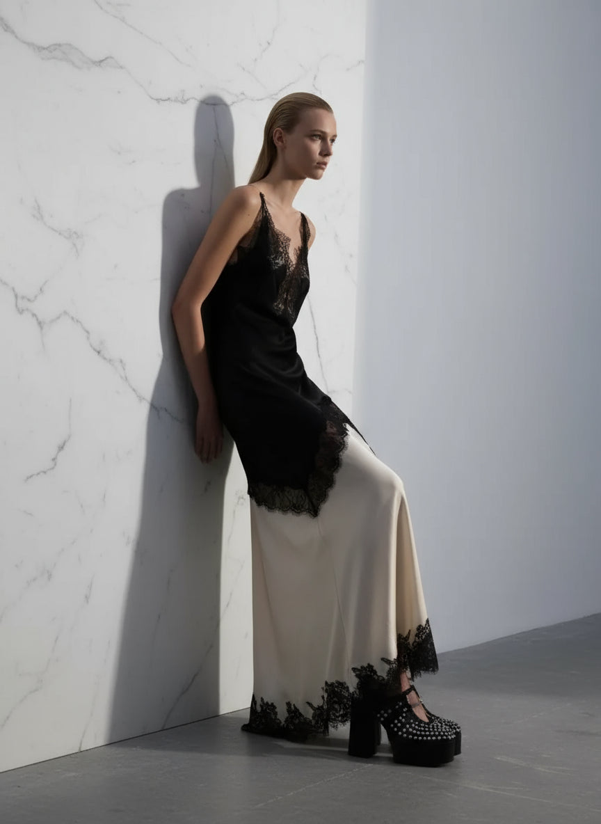 Beliane Satin Two Tone Slip Lace Maxi Dress with Slit