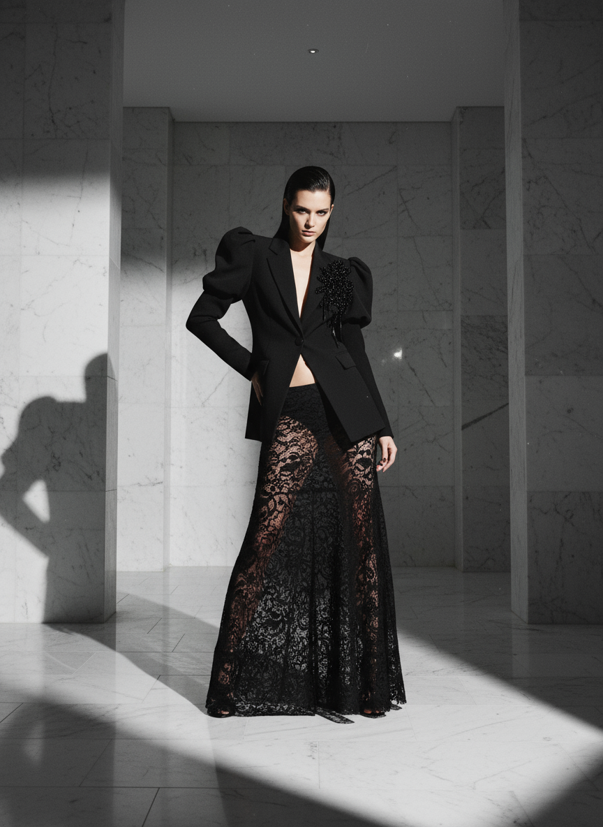 Ledesa Black Puff Sleeve Blazer with Lapel Black Beaded Floral Style