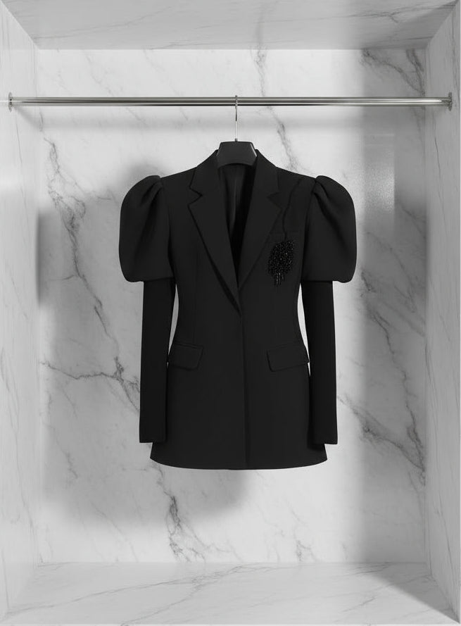 Ledesa Black Puff Sleeve Blazer with Lapel Black Beaded Floral Style