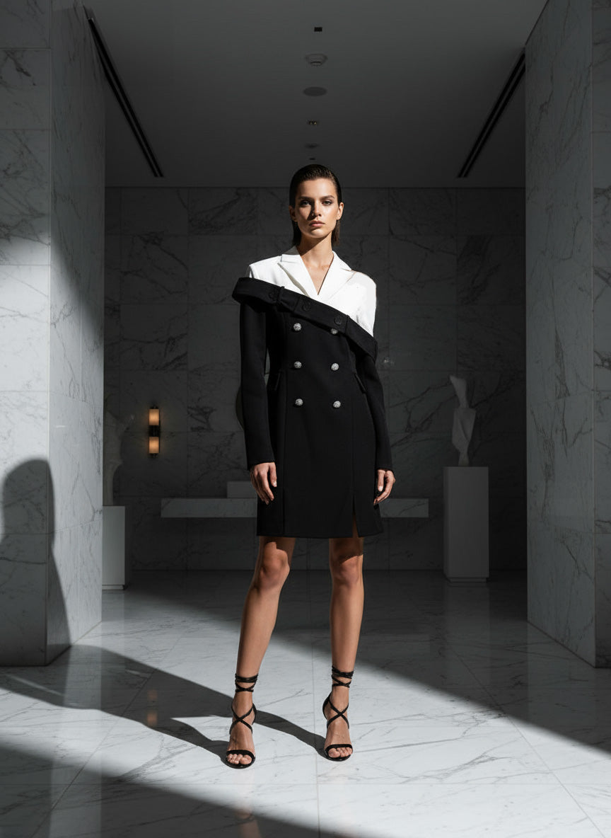 ItsCarl Black Double Breasted Two Tone Blazer Dress