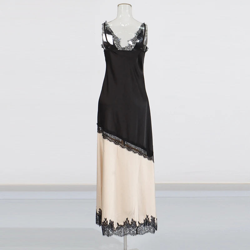 Beliane Satin Two Tone Slip Lace Maxi Dress with Slit