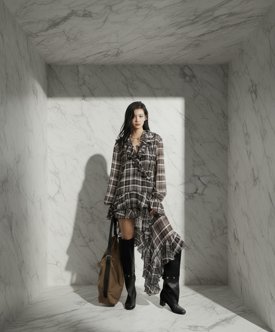 Woman in a plaid dress and boots standing in a marble-walled room.