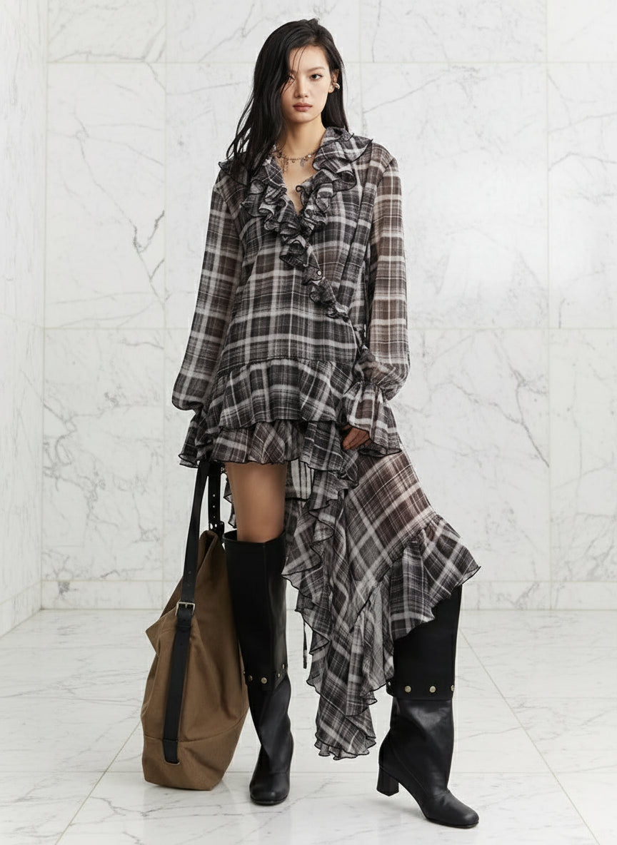 Kalia Plaid Boho Asymmetric Wrap Dress - Sheer Ruffle Designer Dress | ClosetBlues Gray / S Kalia Plaid Boho Asymmetric Wrap Dress - Sheer Ruffle Designer Dress | ClosetBlues Gray / S