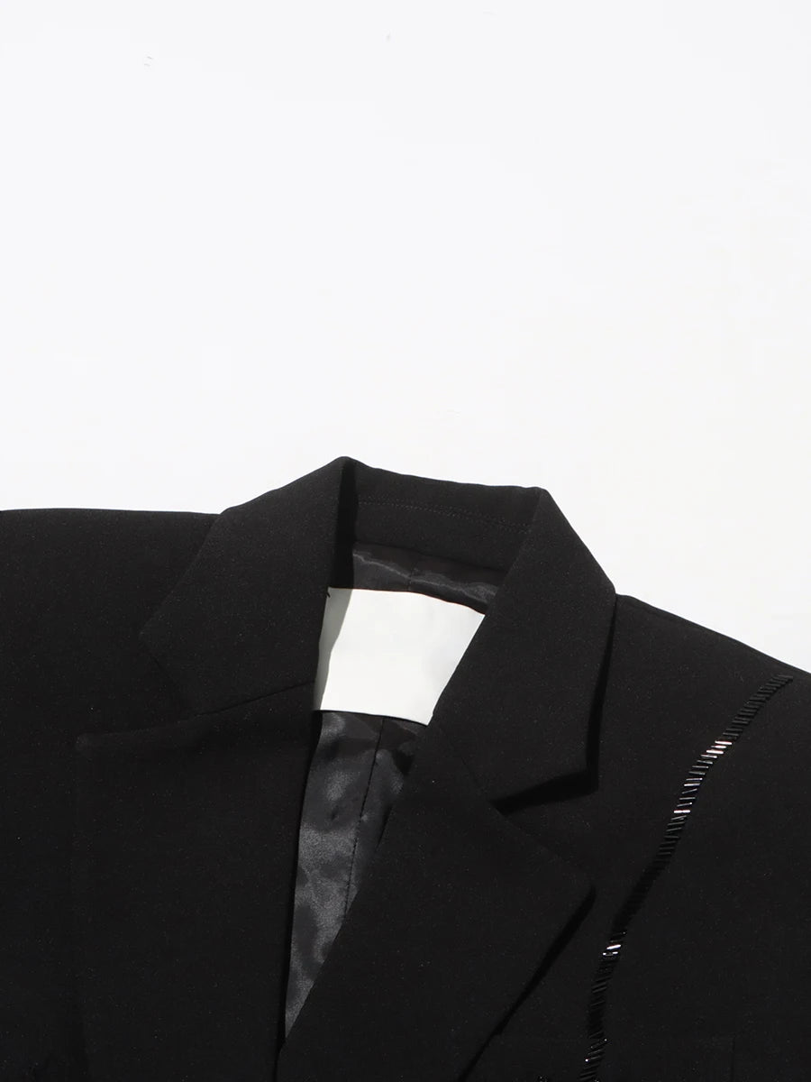 Ledesa Black Puff Sleeve Blazer with Lapel Black Beaded Floral Style